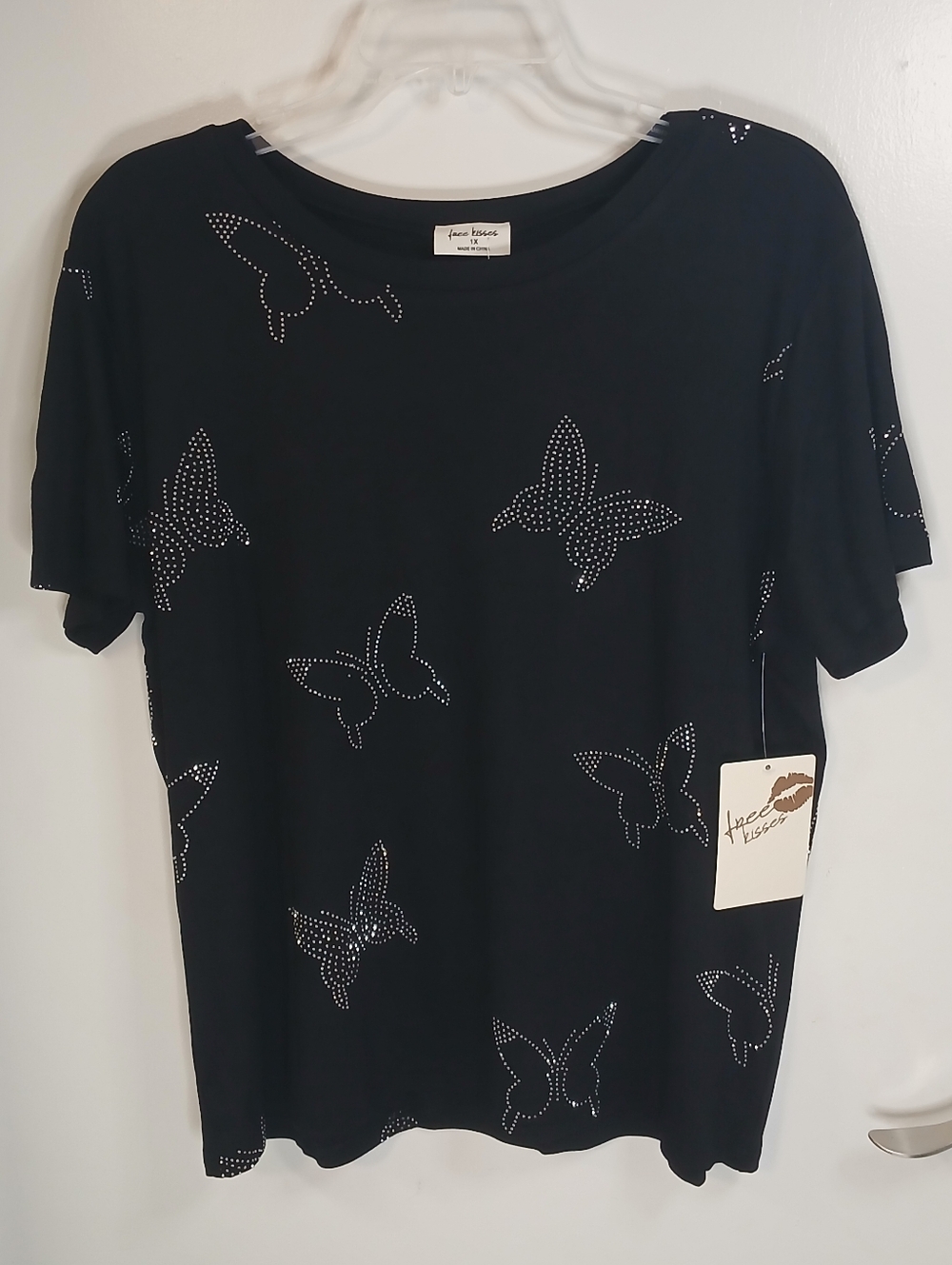 Black Short Sleeve Rhinestone Butterfly Studded Knit Tee 1X New!
